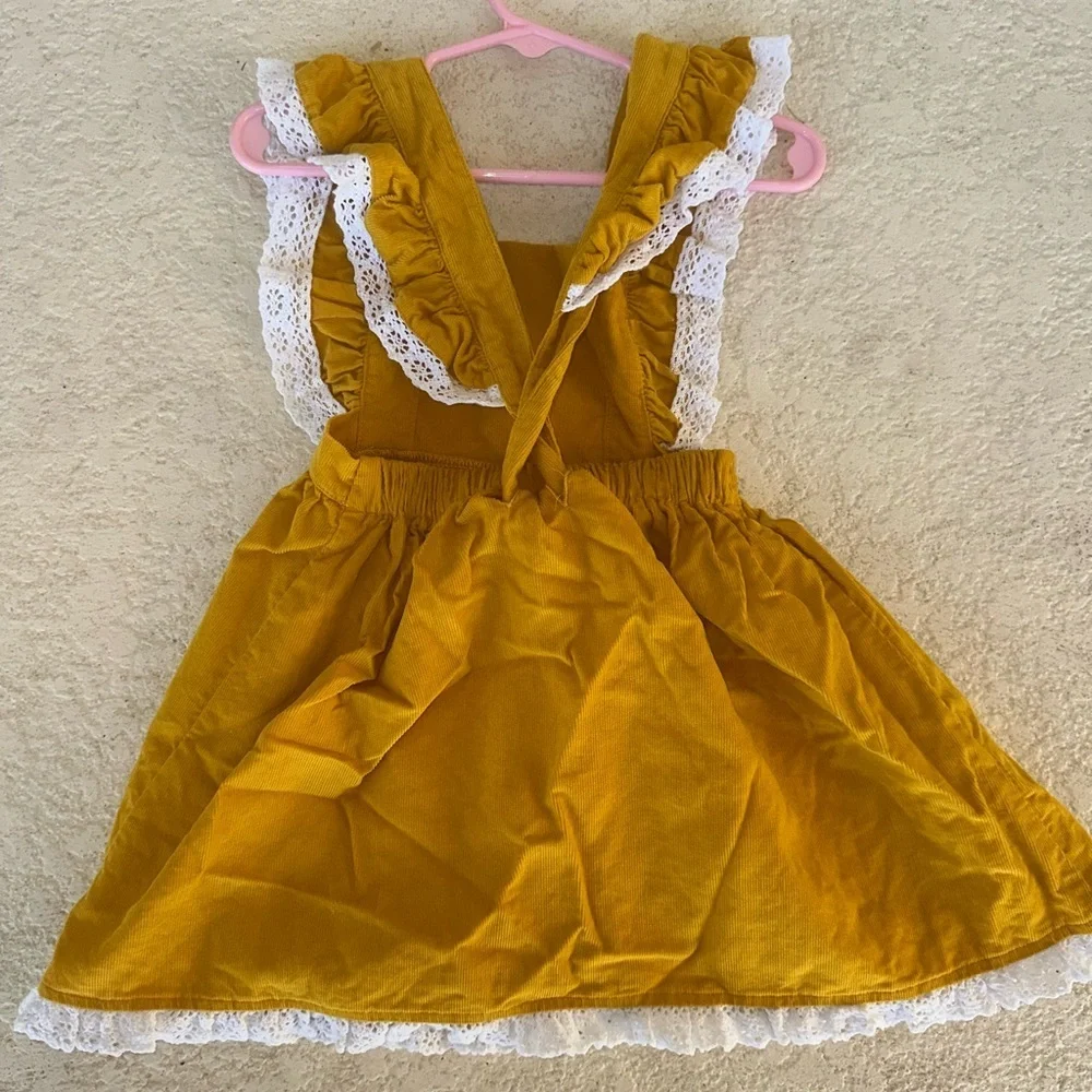 Shrimp & Grits Kids Corduroy Dress 3T Mustard Ruffle Lace Pinafore Boutique